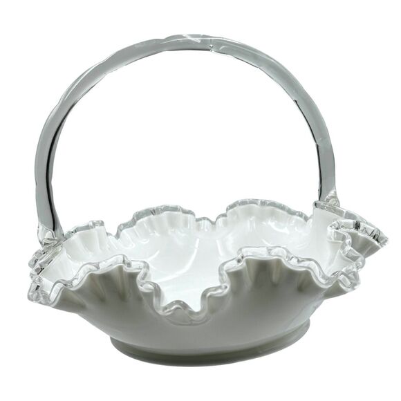 Vintage Fenton Silver Crest Bridal Basket White Ruffled Clear Edges Handle Large - Picture 4 of 16
